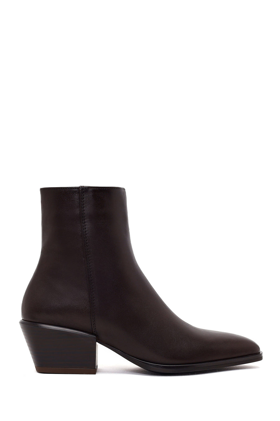 Woman Brown Zip Closure Short Thick-Heeled Leather Cowboy Boots AF190039DV | Derimod