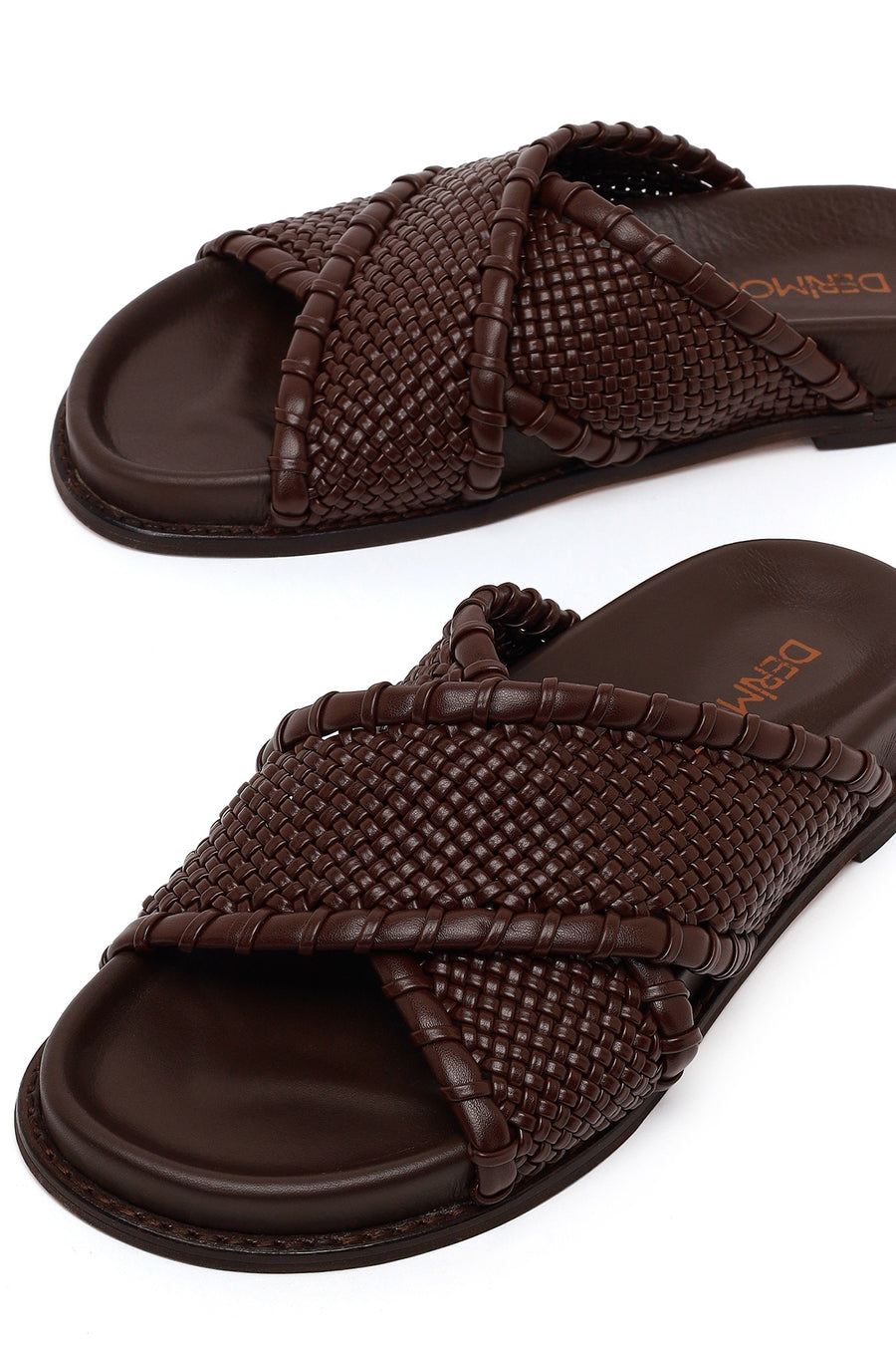 Woman Brown Knitted Patterned Leather Slipper