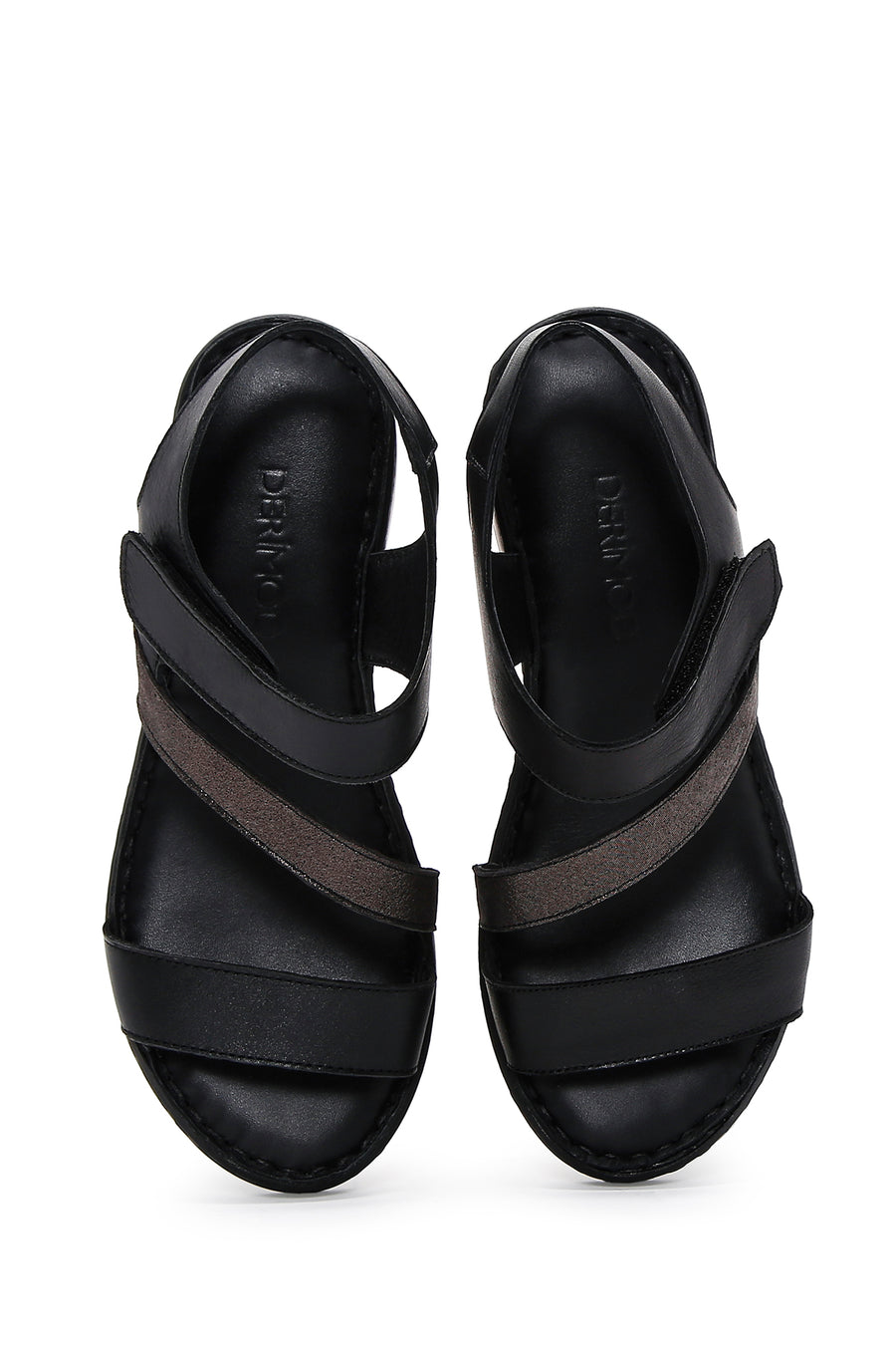 Women's Black Leather Wedge Heel Comfort Sandals