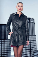 Annamaria Women's Black Belt Detailed Regular Leather Trench Coat | Derimod