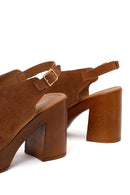 Women's Tan Ankle Buckle Platform High Heel Suede Leather Sandals | Derimod