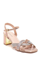 Women's Pink Gold Stone Thick Heeled Sandals | Derimod