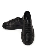 Male Black Lace-up Thick-soled Croc-patterned Leather Sneaker | Derimod