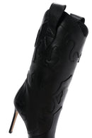 Women's Black Patterned Thin Heeled Leather Boots | Derimod