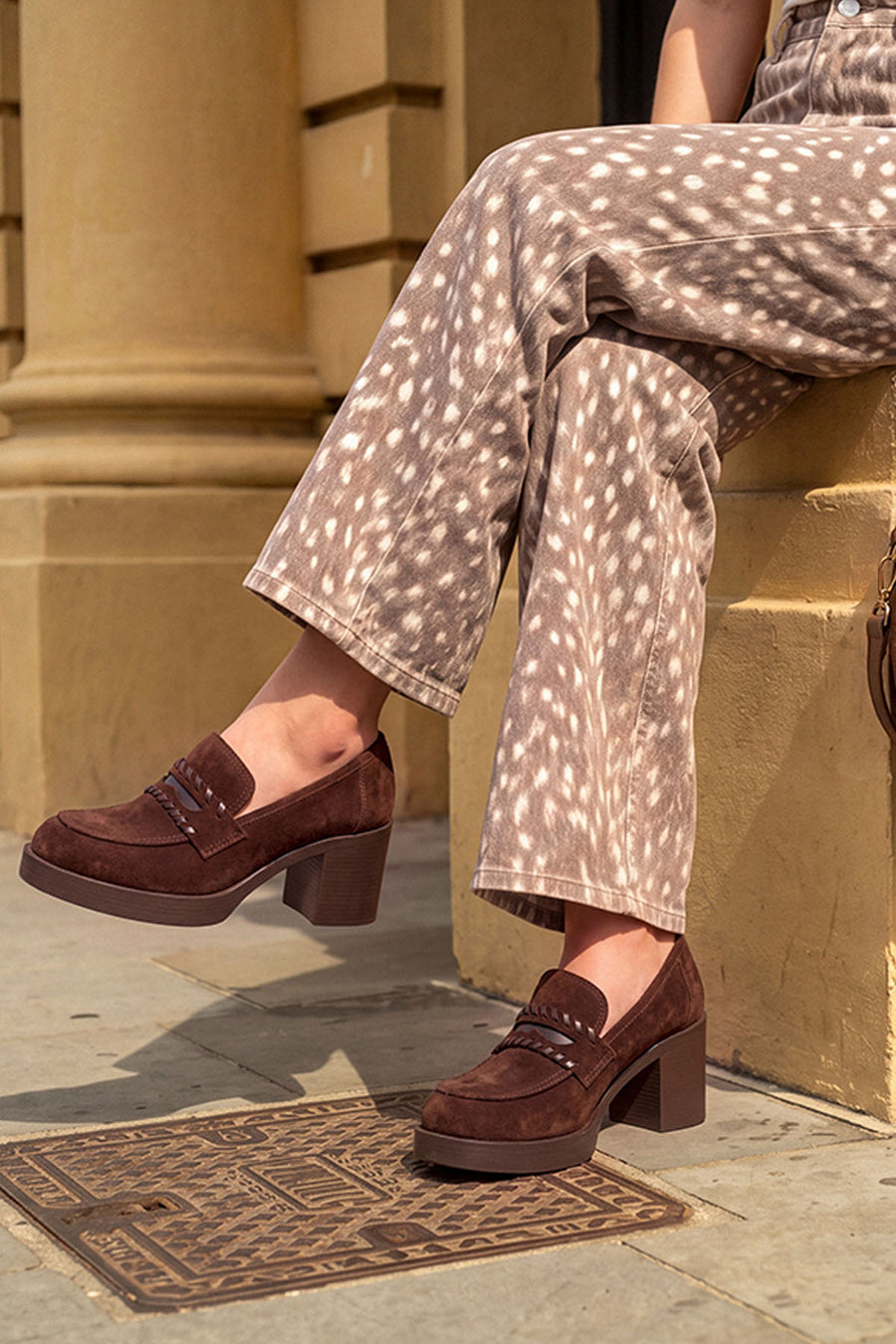 Woman Brown Chunky Heeled Suede Loafer