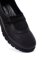 Woman Black Stone-Detail Leather Comfort Shoes | Derimod