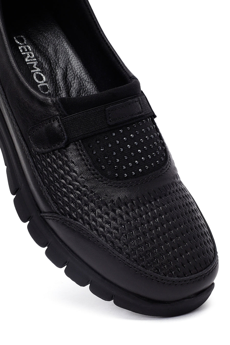 Woman Black Stone-Detail Leather Comfort Shoes