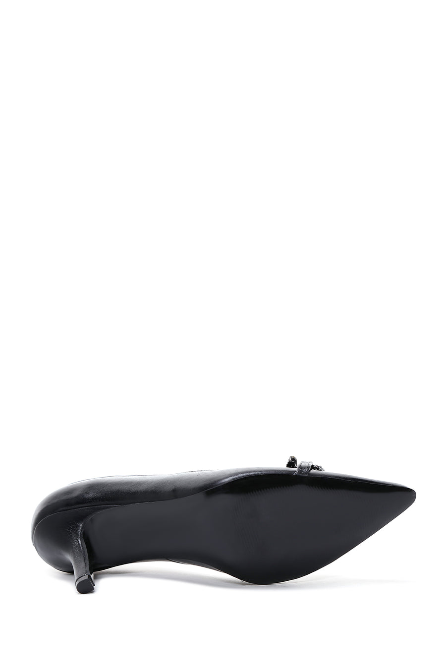 Women's Black Leather Stone Heeled Shoes
