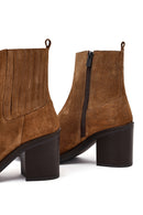 Women's Brown Zippered Thick Heel Suede Leather Boots | Derimod