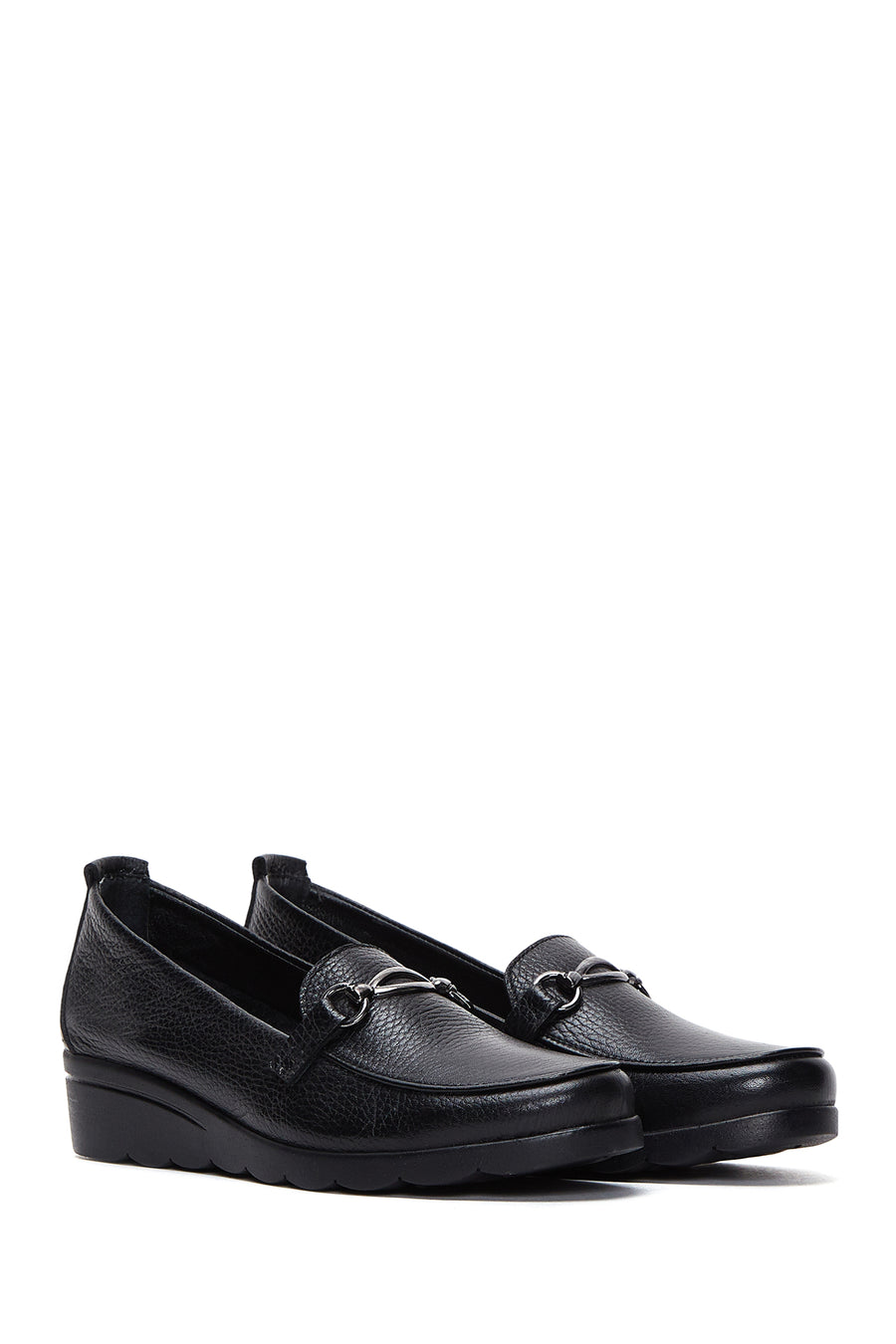 Women's Black Leather Wedge Heeled Loafer