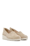 Women's Beige Wedge Heel Suede Leather Comfort Loafer | Derimod