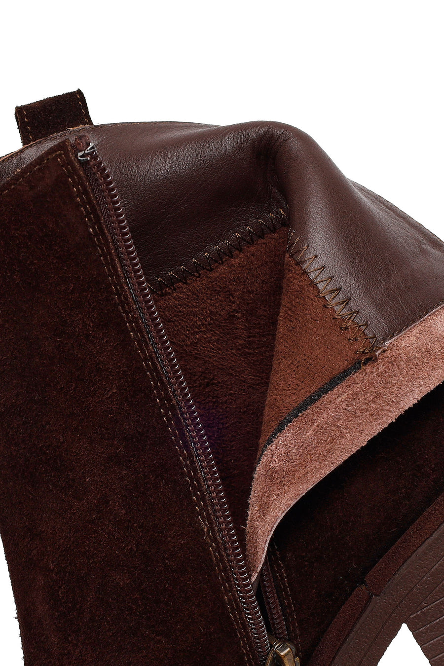 Woman Brown Zip Closure Chunky Heeled Suede Boots