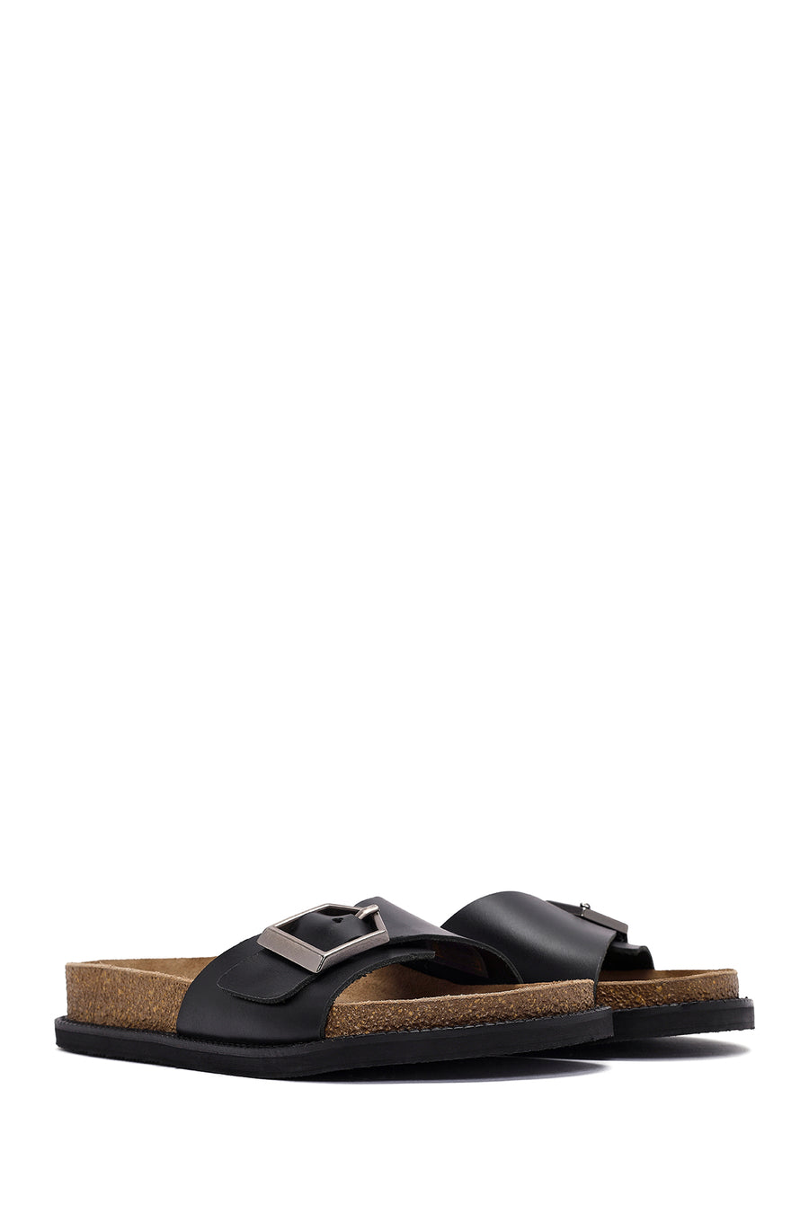 Women's Black Buckle Leather Slippers