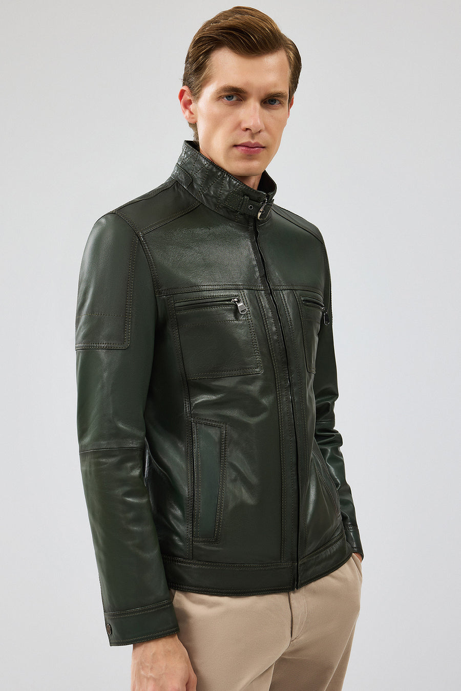 Wade Men's Khaki Slim-Fit Leather Coat