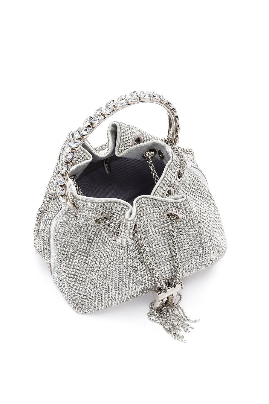 Women's Silver Long Chain Strap Stone Mini Evening Handbag