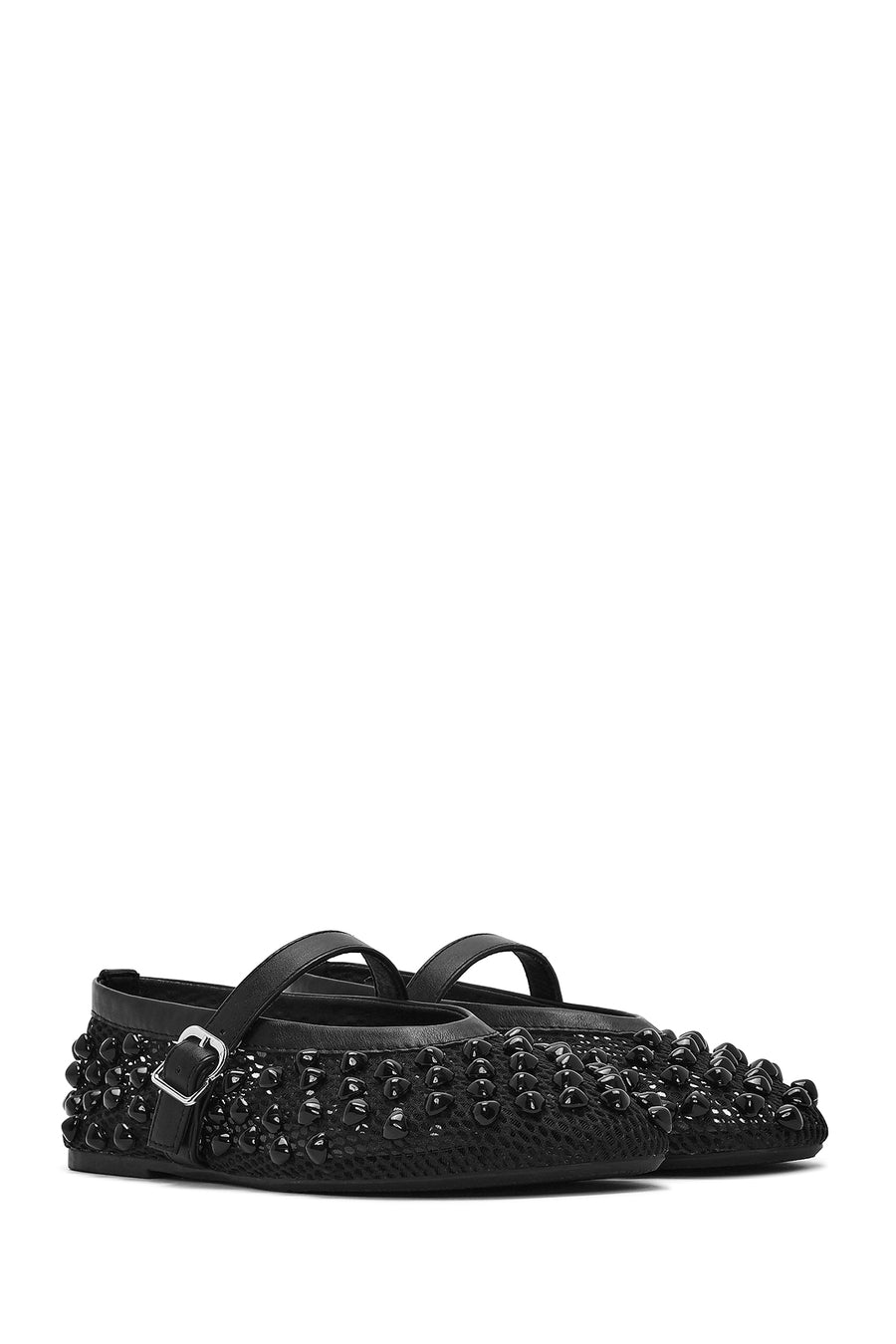 Women's Black Buckled Stoned Fishnet Ballerinas
