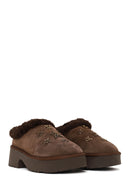 Woman Camel Thick-Soled Stone-Embellished Suede Teddy Slipper | Derimod