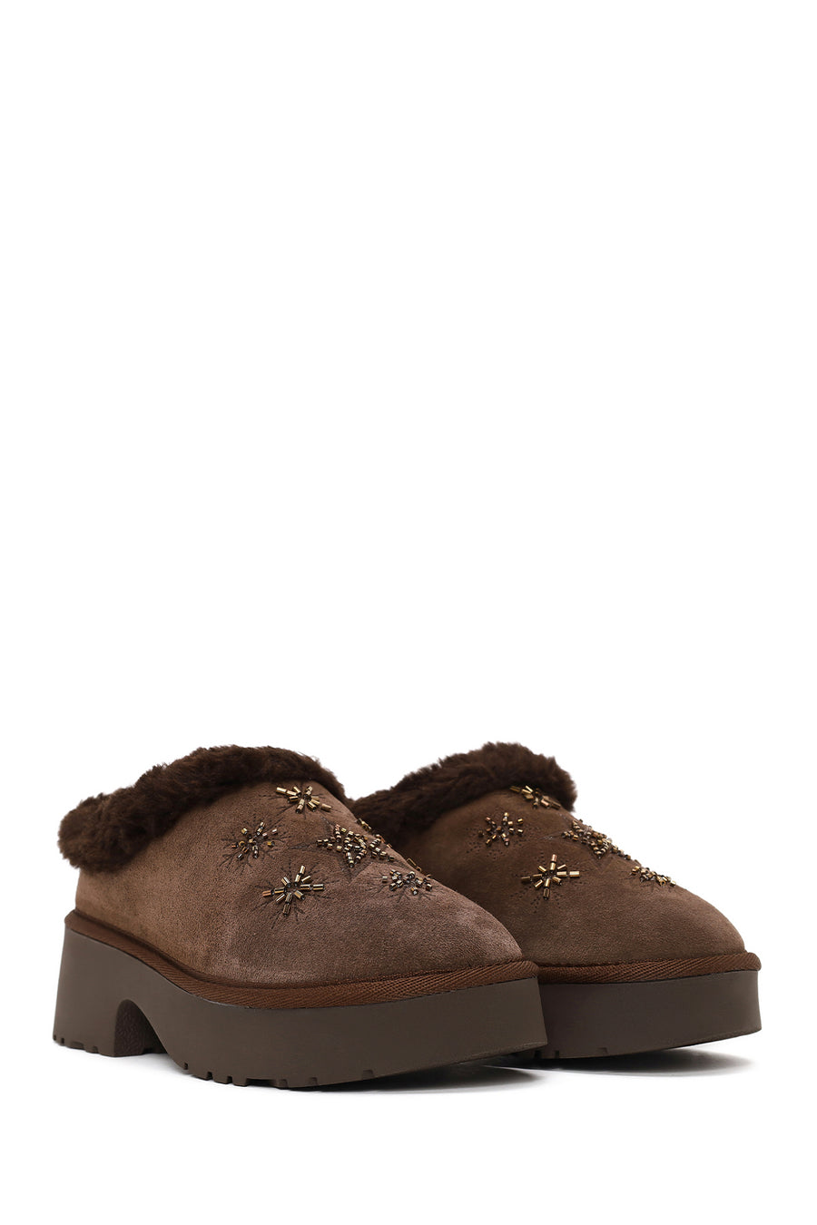 Woman Camel Thick-Soled Stone-Embellished Suede Teddy Slipper