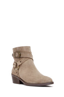 Woman Beige Zippered Suede Leather Cowboy Boots | Derimod
