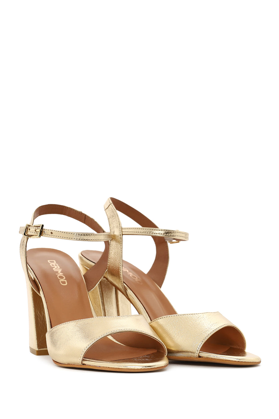 Women's Gold Ankle Buckle Chunky Heel Metallic Leather Sandals