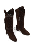 Woman Brown Tassel Chunky-Heeled Suede Leather Cowboy Boots | Derimod