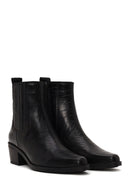 Woman Black Thick-Heel Croc-Embossed Leather Cowboy Boots | Derimod