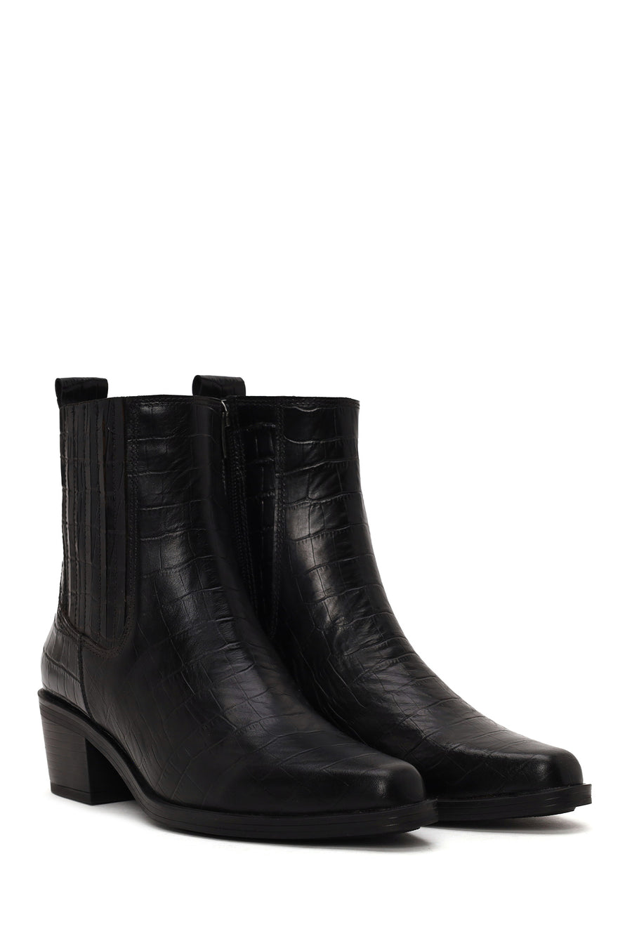 Woman Black Thick-Heel Croc-Embossed Leather Cowboy Boots