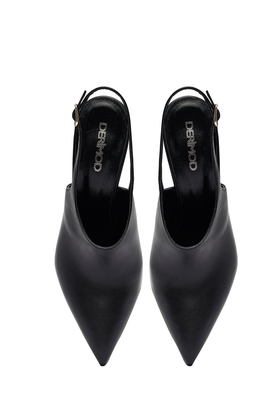 Woman Black Buckled Slingback High Thin Heel Leather Shoe
