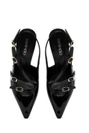 Women's Black Open Back Thin Heel Patent Leather Shoes | Derimod