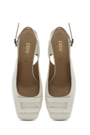 Women's Beige Ankle Buckle Open Back Low Thick Heel Patent Leather Shoes | Derimod
