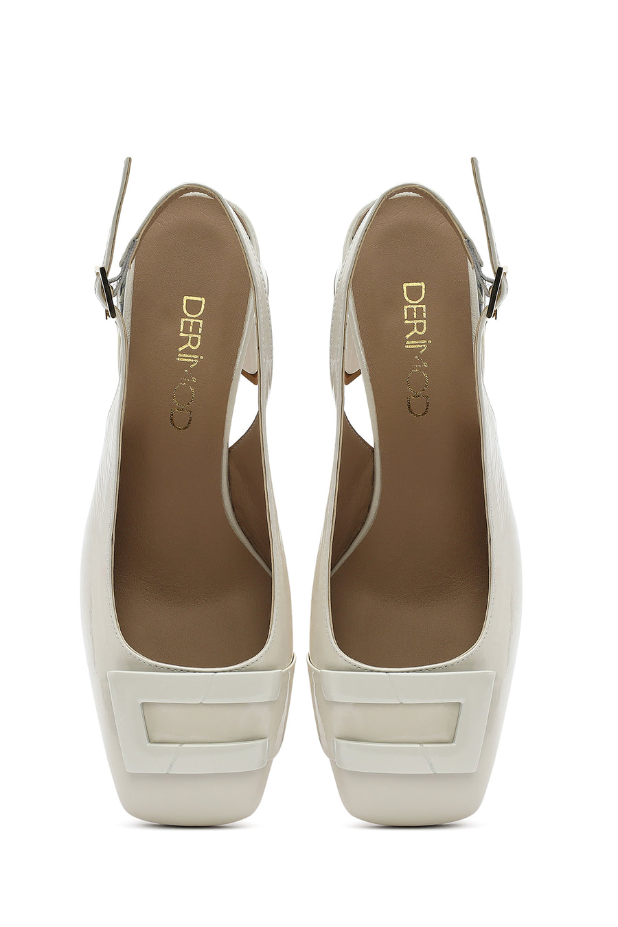 Women's Beige Ankle Buckle Open Back Low Thick Heel Patent Leather Shoes