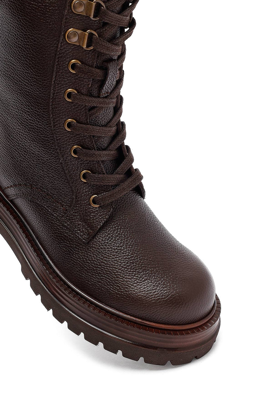 Woman Brown Zip Closure Lace-Up Leather Combat Boots