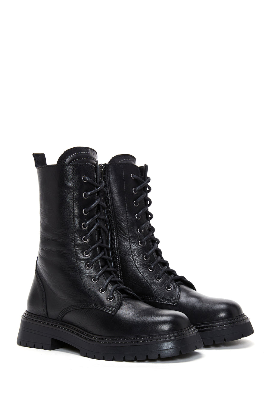 Woman Black Zippered Leather Postal Boots