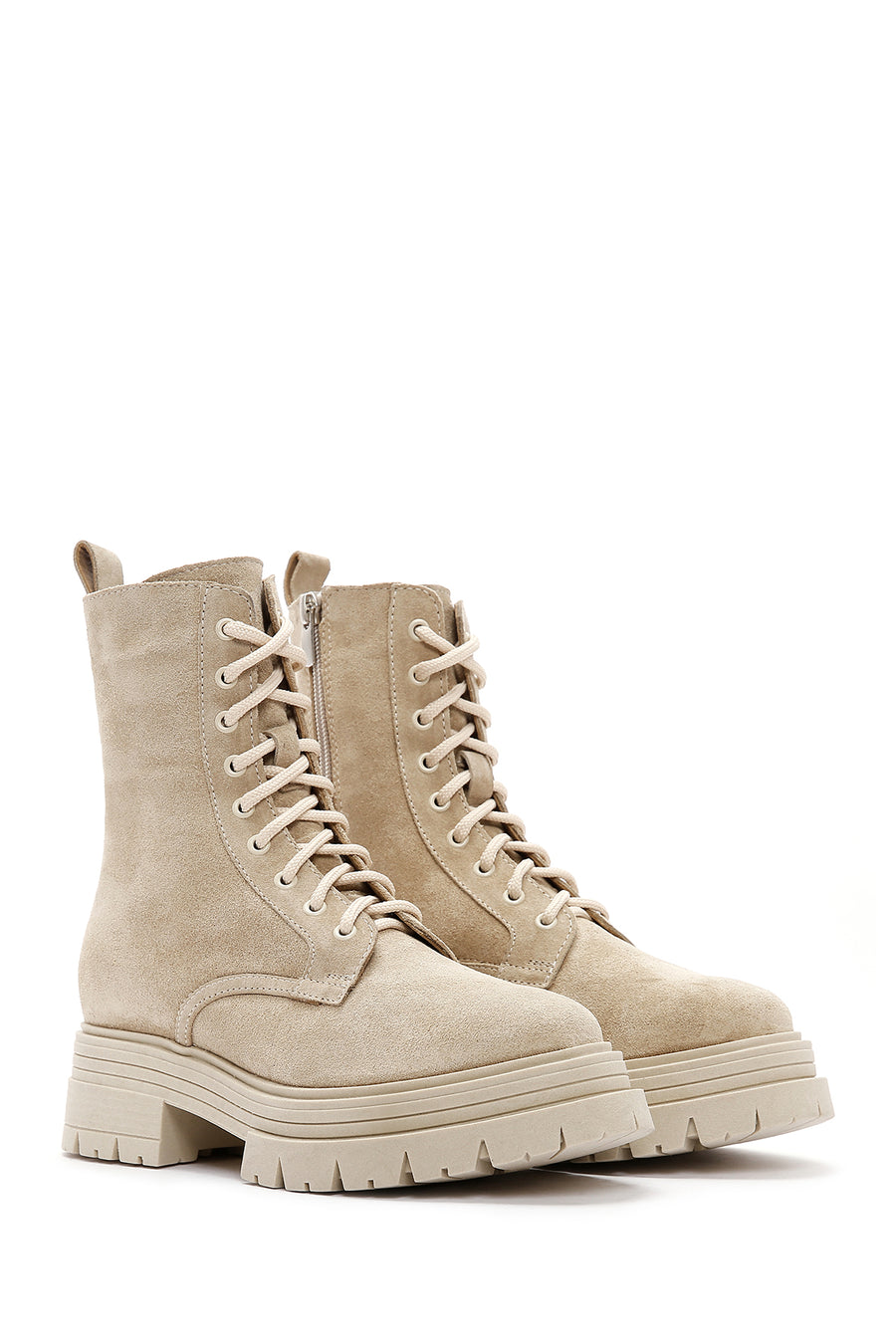 Women's Beige Zippered Suede Leather Combat Boots