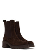 Woman Brown Chunky Heeled Suede Chelsea Boots | Derimod
