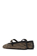 Women's Black Buckled Straw Leather Ballerinas | Derimod