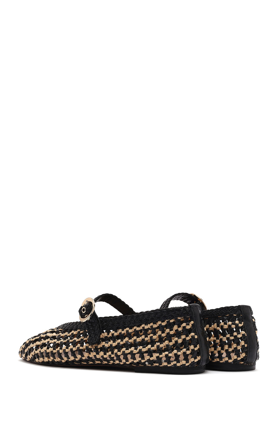 Women's Black Buckled Straw Leather Ballerinas