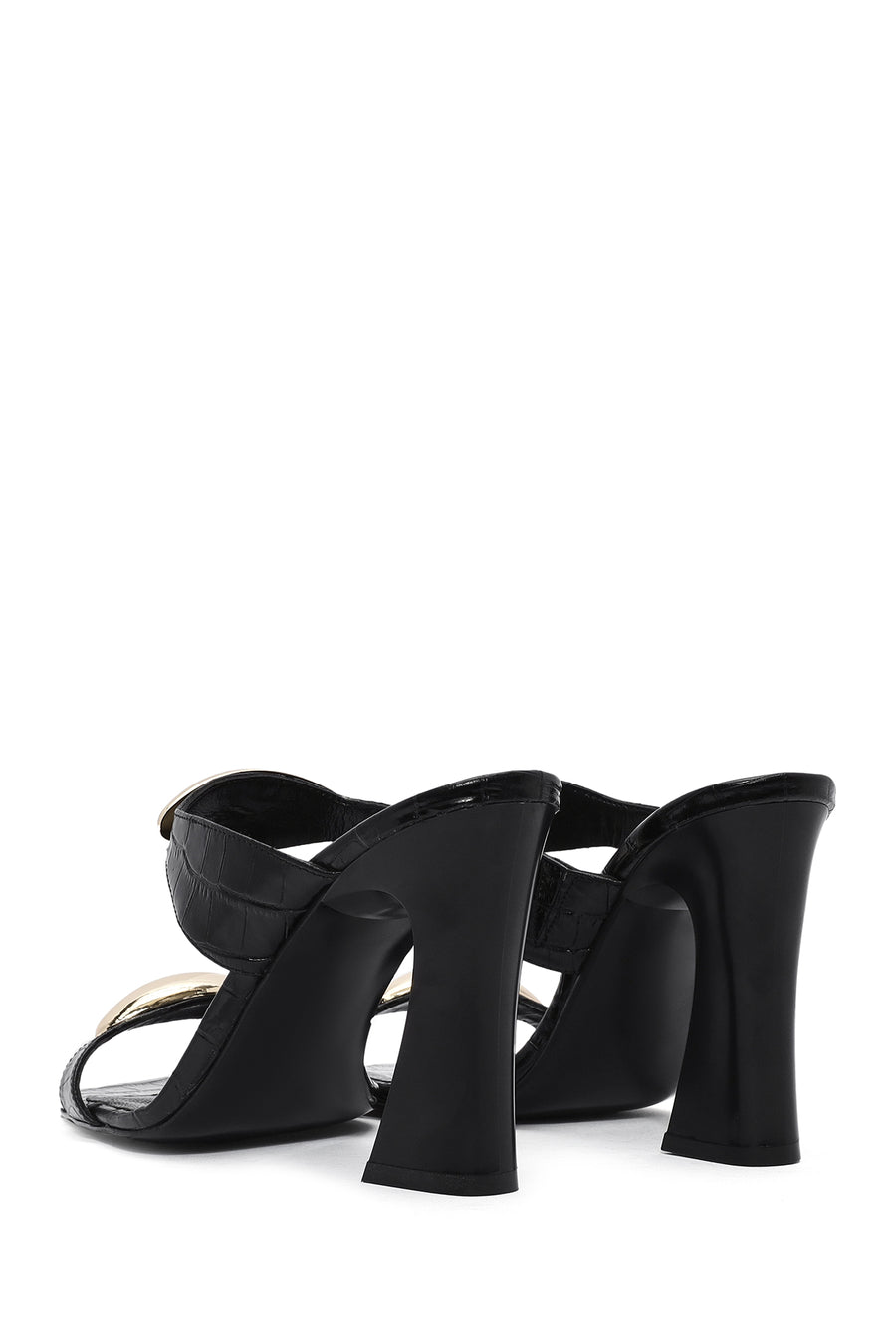 Women's Black Crocodile High Thick Heel Leather Slippers