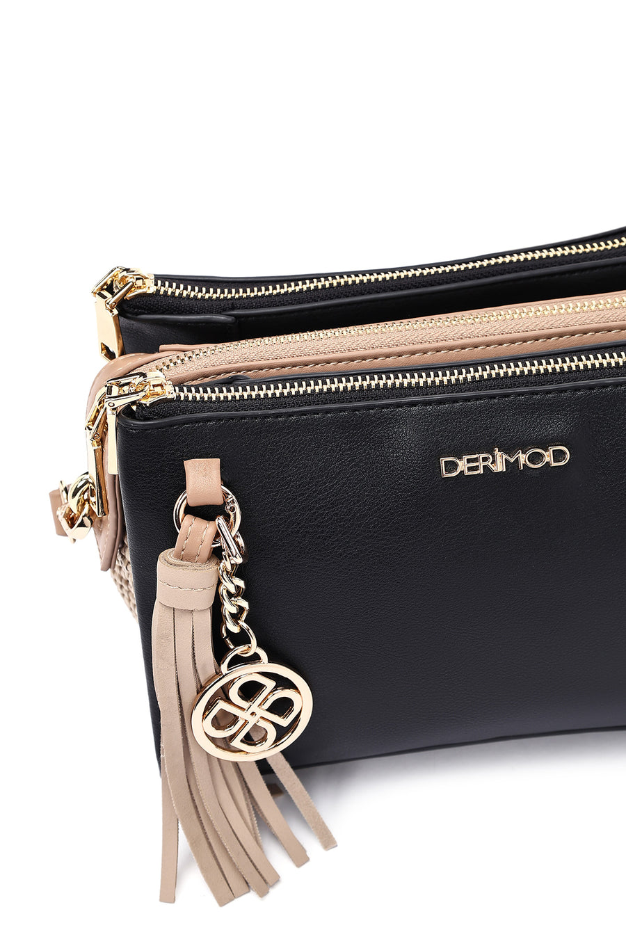 Women's Black Long Strap Crossbody Bag with Accessory Detail