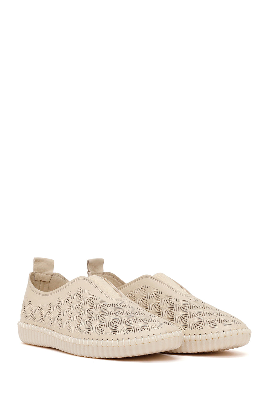 Woman Cream Patterned Leather Comfort Shoes