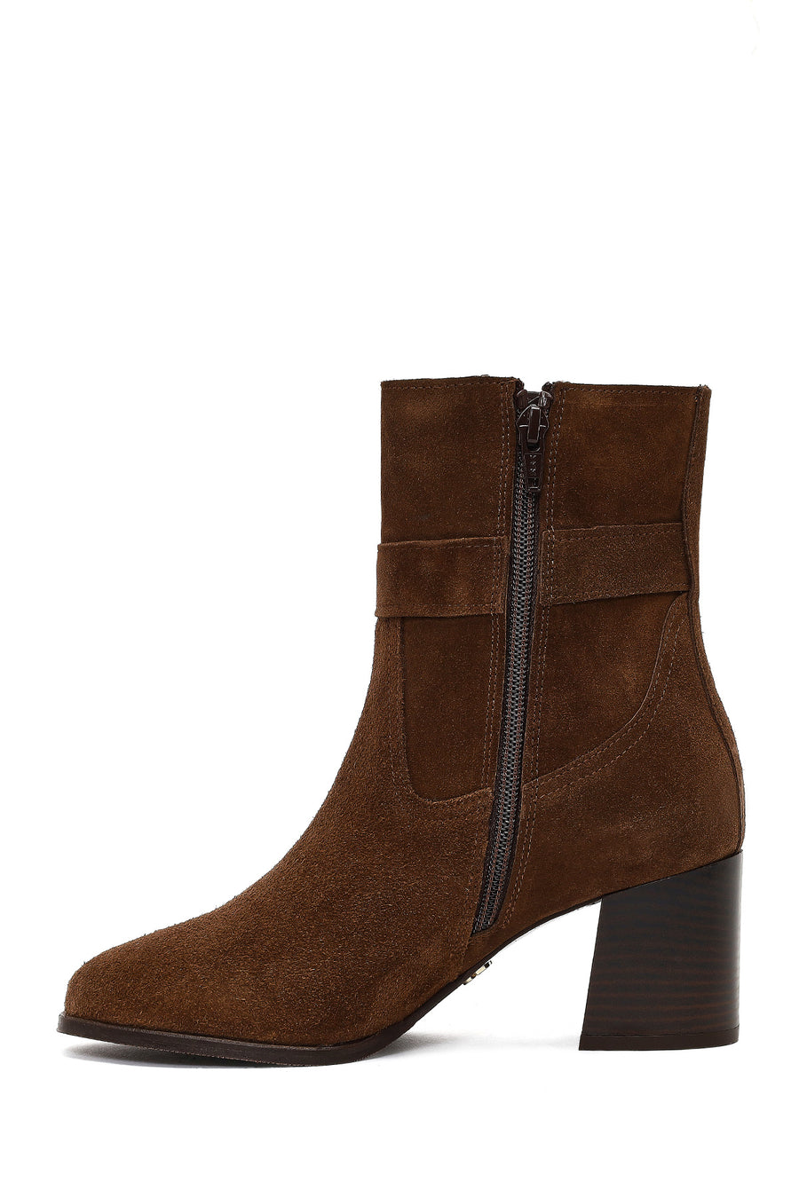 Women's Tan Zippered Thick Heeled Suede Leather Boot