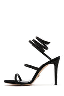 Women's Black Leather Stone Thin Heel Sandals | Derimod