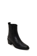 Woman Black Thick-Heel Croc-Embossed Leather Cowboy Boots | Derimod