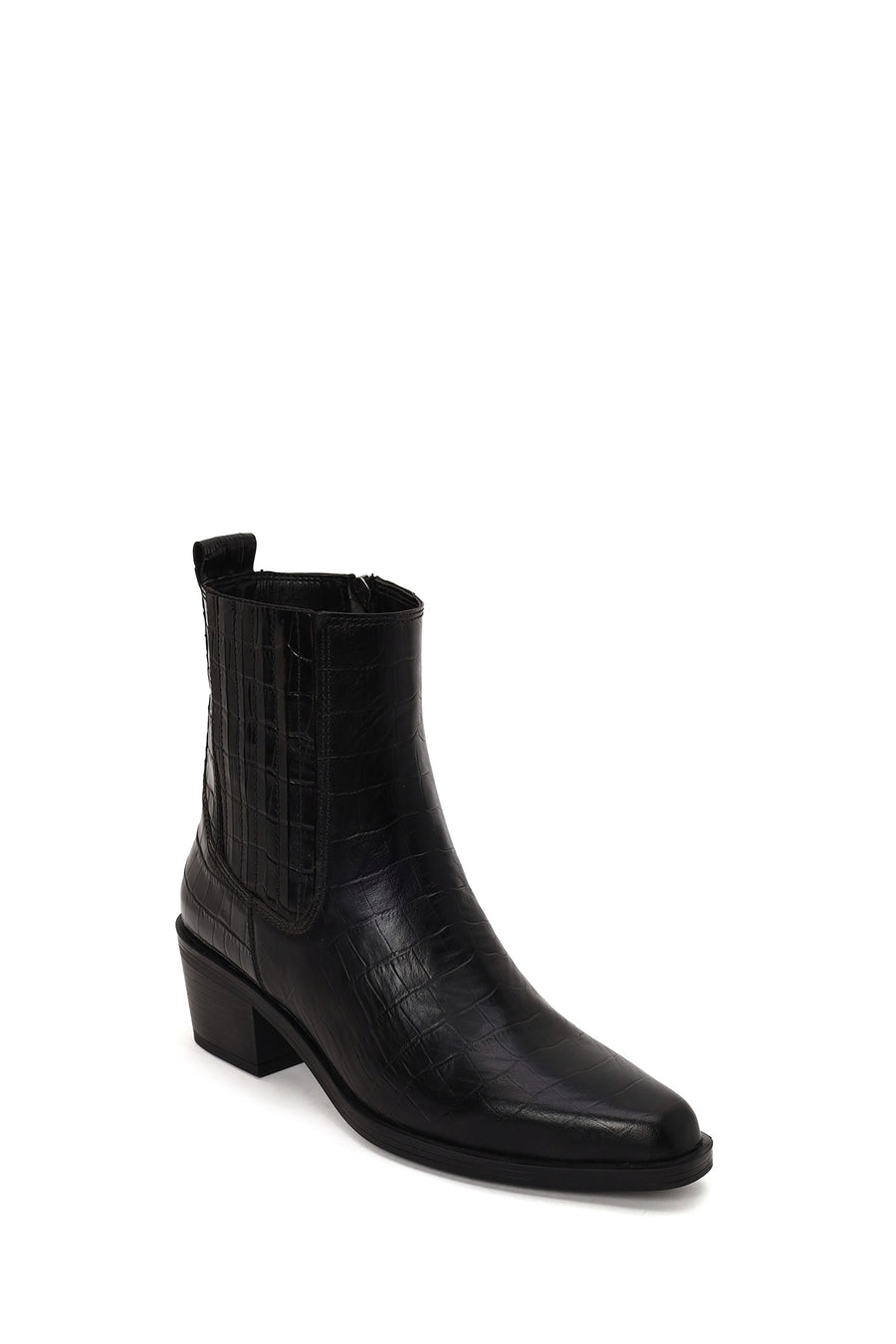 Woman Black Thick-Heel Croc-Embossed Leather Cowboy Boots