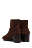 Woman Brown Zip Closure Printed Thick-Heeled Suede Boots | Derimod