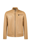 Felibe Male Beige Mandarin Collar Leather Jacket | Derimod