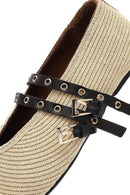 Women's Beige Double Buckled Straw Leather Ballerinas | Derimod