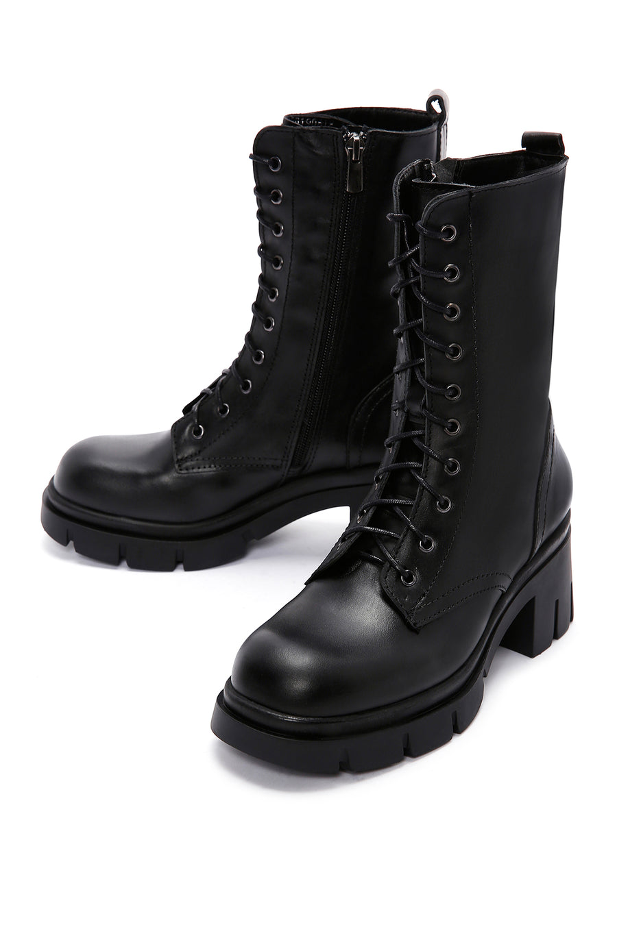 Women's Black Leather Zippered Heeled Boots