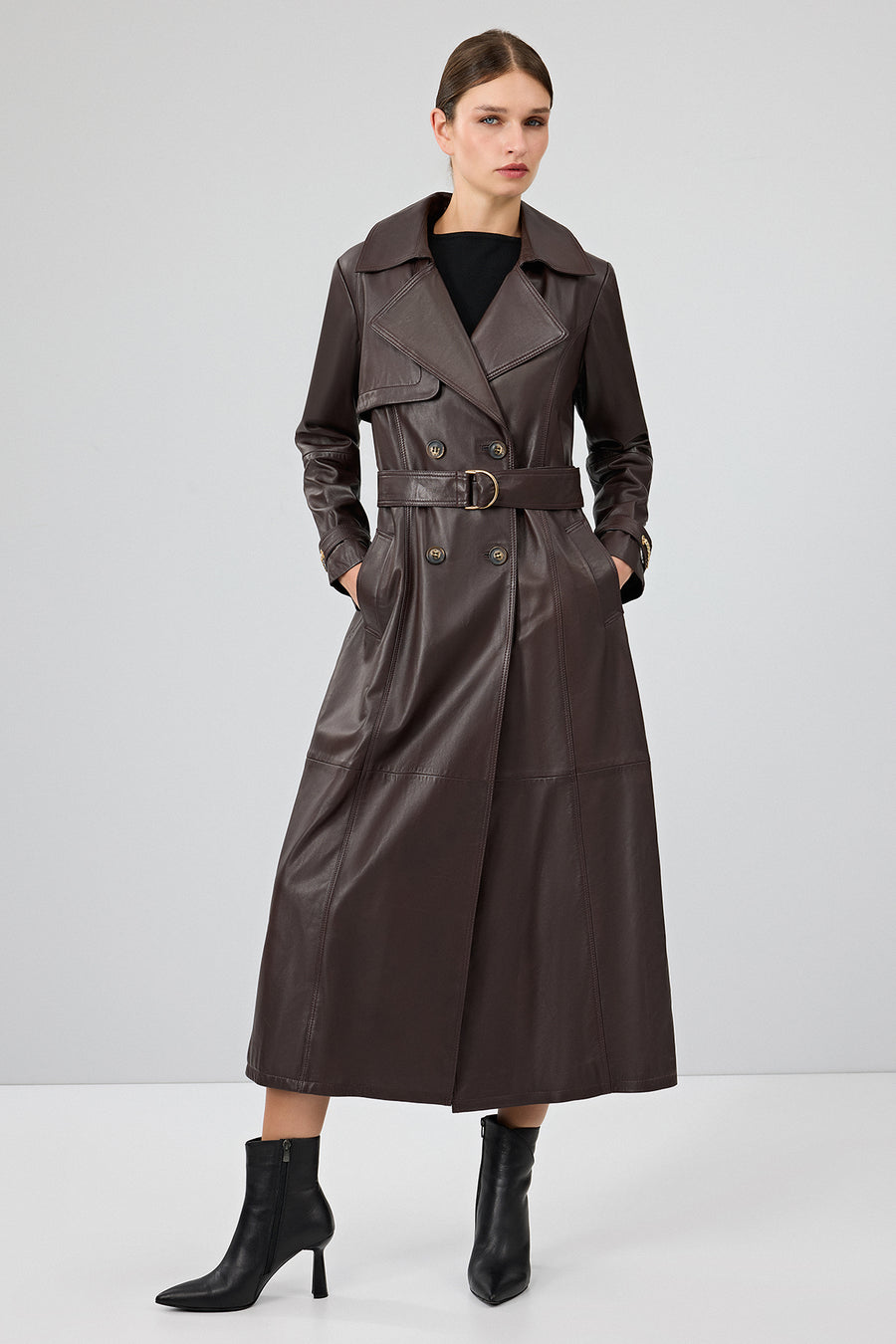 Jenny -X Women's Brown Belt Detailed Leather Trench Coat