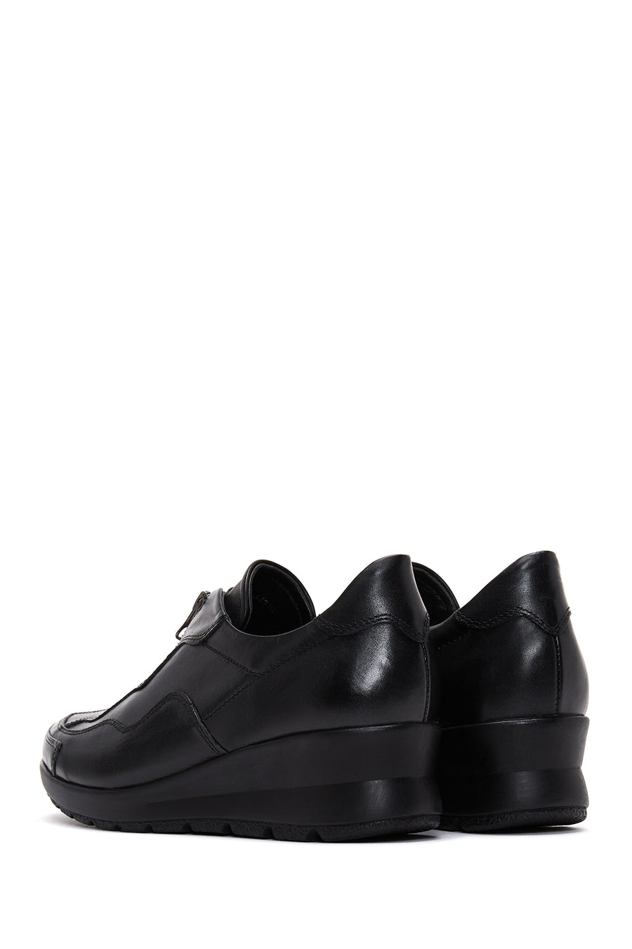 Women's Black Leather Wedge Heeled Comfort Shoes